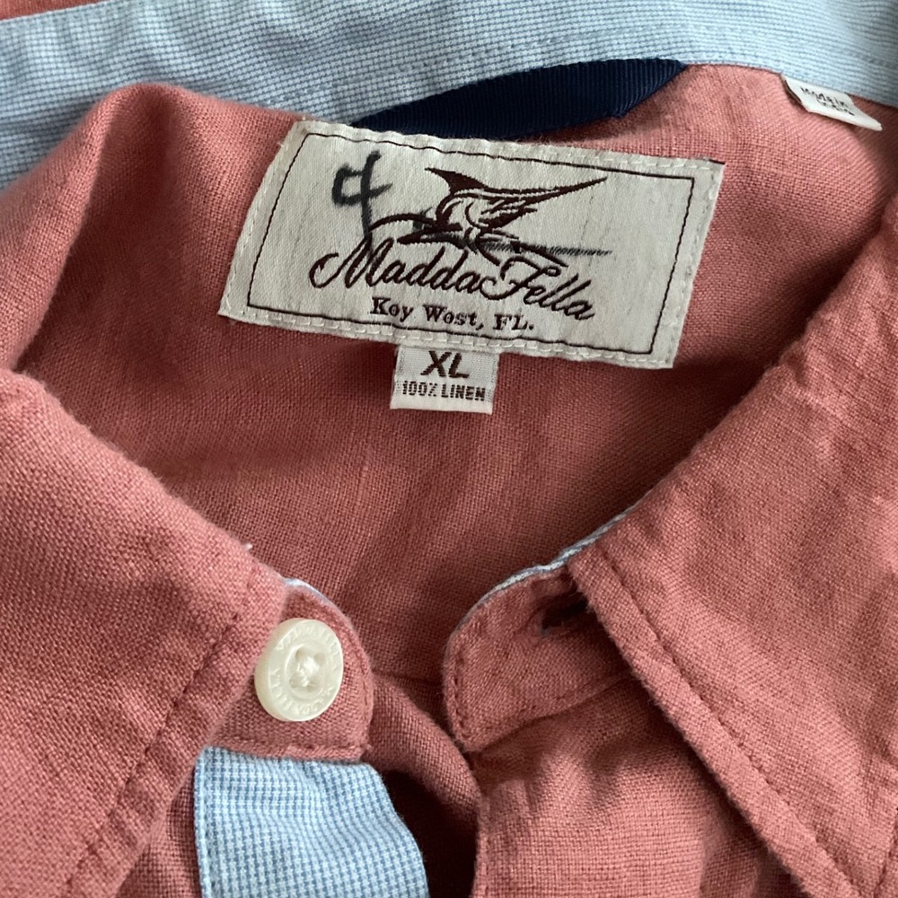Madda Fella 100% Linen Button Front Shirt‎ Salmon Pink Long Sleeve Key West - Picture 2 of 2